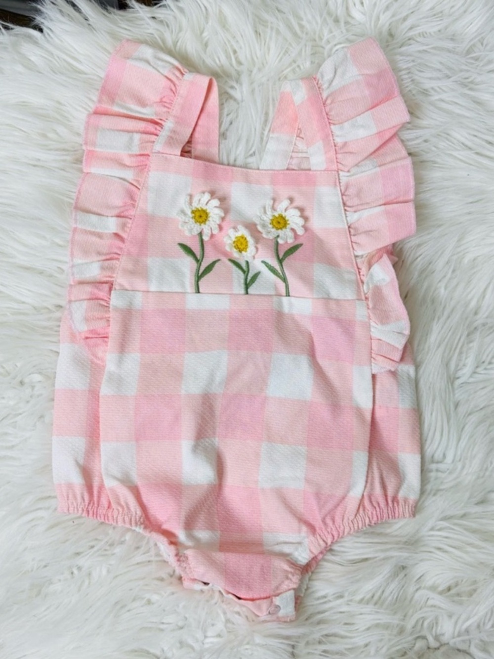 Mudpie Pink Gingham Baby Romper with Floral Embroidery 6-9M